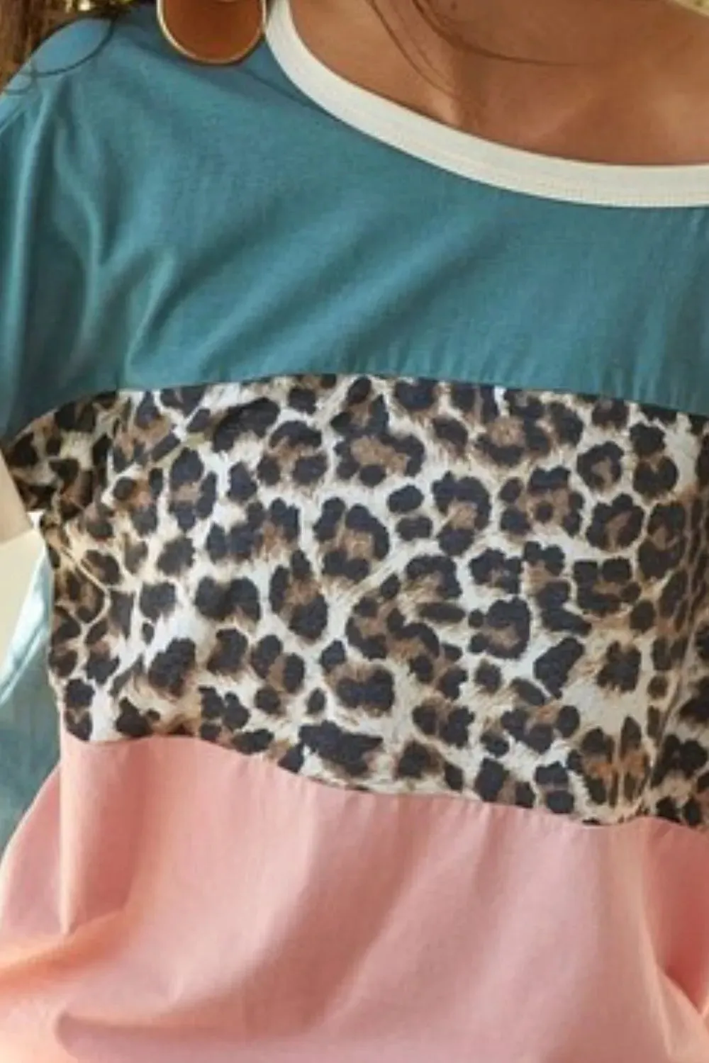 BiBi Leopard Printed Jersey  Color Block Roll Up Top