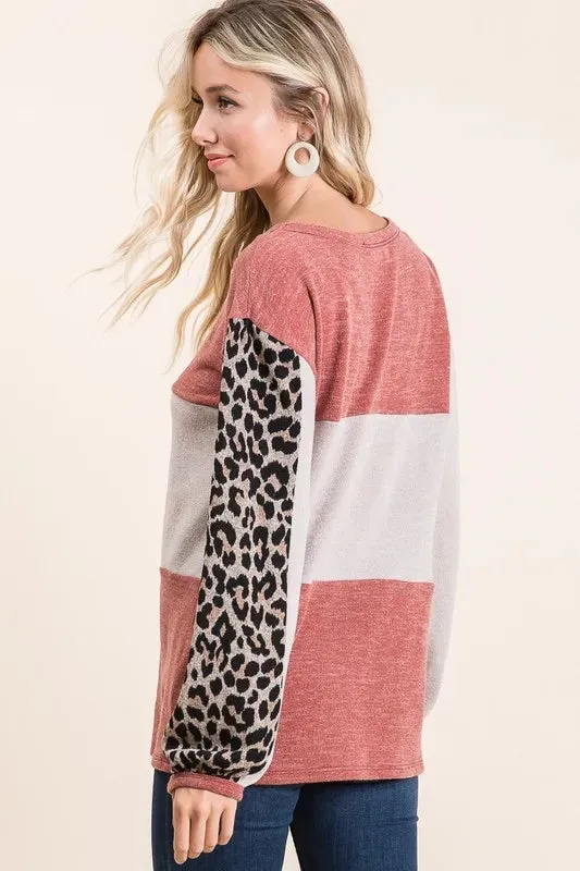 BiBi Sweater Knit Color Block Top With Leopard