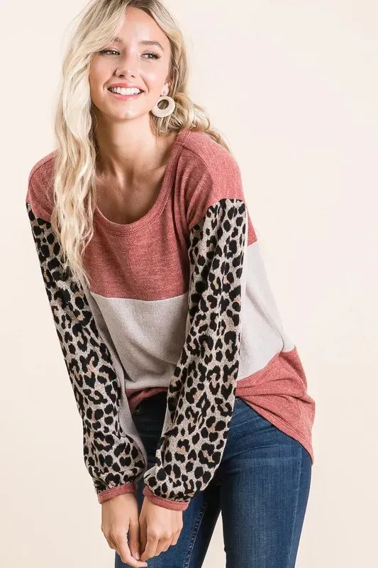 BiBi Sweater Knit Color Block Top With Leopard