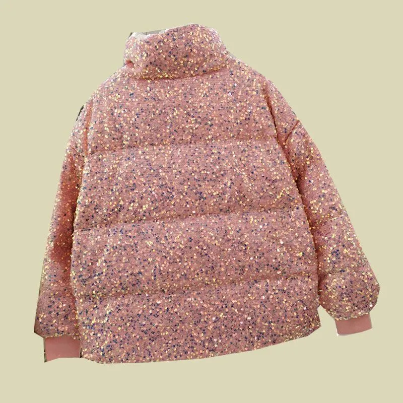 christmas outfit Sonicelife Luxury Crystal Sequins Thickened Down Cotton Coat  Ladies Fashion Loose Bread Jacket White Casual Winter Warm Coat Parkas Women