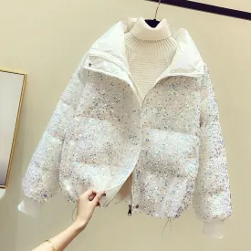 christmas outfit Sonicelife Luxury Crystal Sequins Thickened Down Cotton Coat  Ladies Fashion Loose Bread Jacket White Casual Winter Warm Coat Parkas Women
