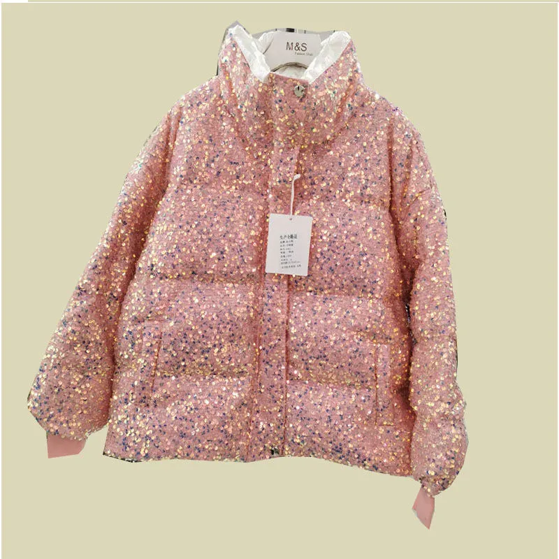christmas outfit Sonicelife Luxury Crystal Sequins Thickened Down Cotton Coat  Ladies Fashion Loose Bread Jacket White Casual Winter Warm Coat Parkas Women