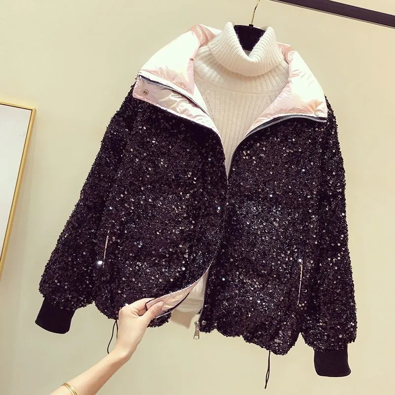 christmas outfit Sonicelife Luxury Crystal Sequins Thickened Down Cotton Coat  Ladies Fashion Loose Bread Jacket White Casual Winter Warm Coat Parkas Women