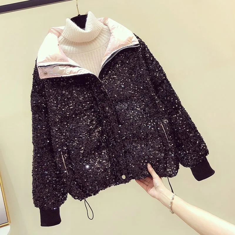 christmas outfit Sonicelife Luxury Crystal Sequins Thickened Down Cotton Coat  Ladies Fashion Loose Bread Jacket White Casual Winter Warm Coat Parkas Women