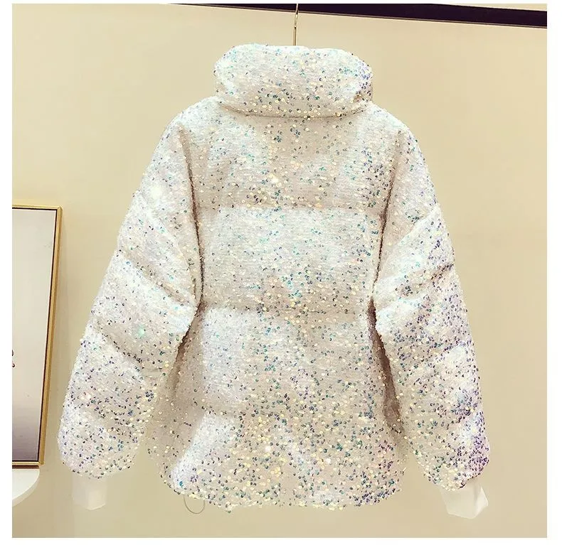 christmas outfit Sonicelife Luxury Crystal Sequins Thickened Down Cotton Coat  Ladies Fashion Loose Bread Jacket White Casual Winter Warm Coat Parkas Women