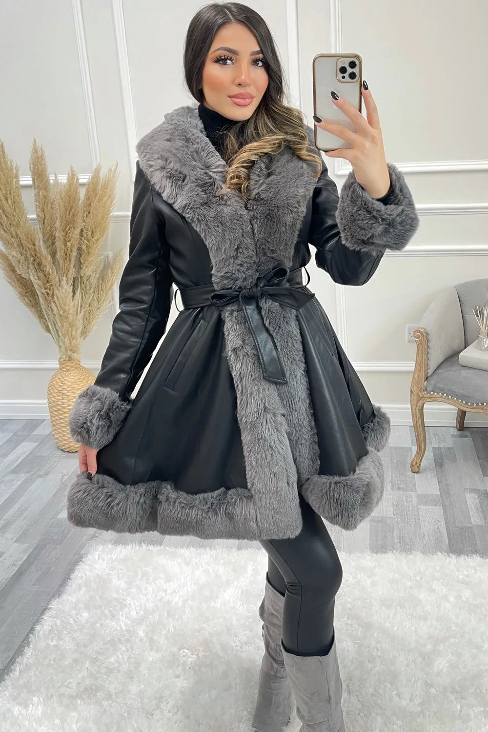 Fran Black and Grey PU Faux Leather Faux Fur Trim Longline Belted Coat