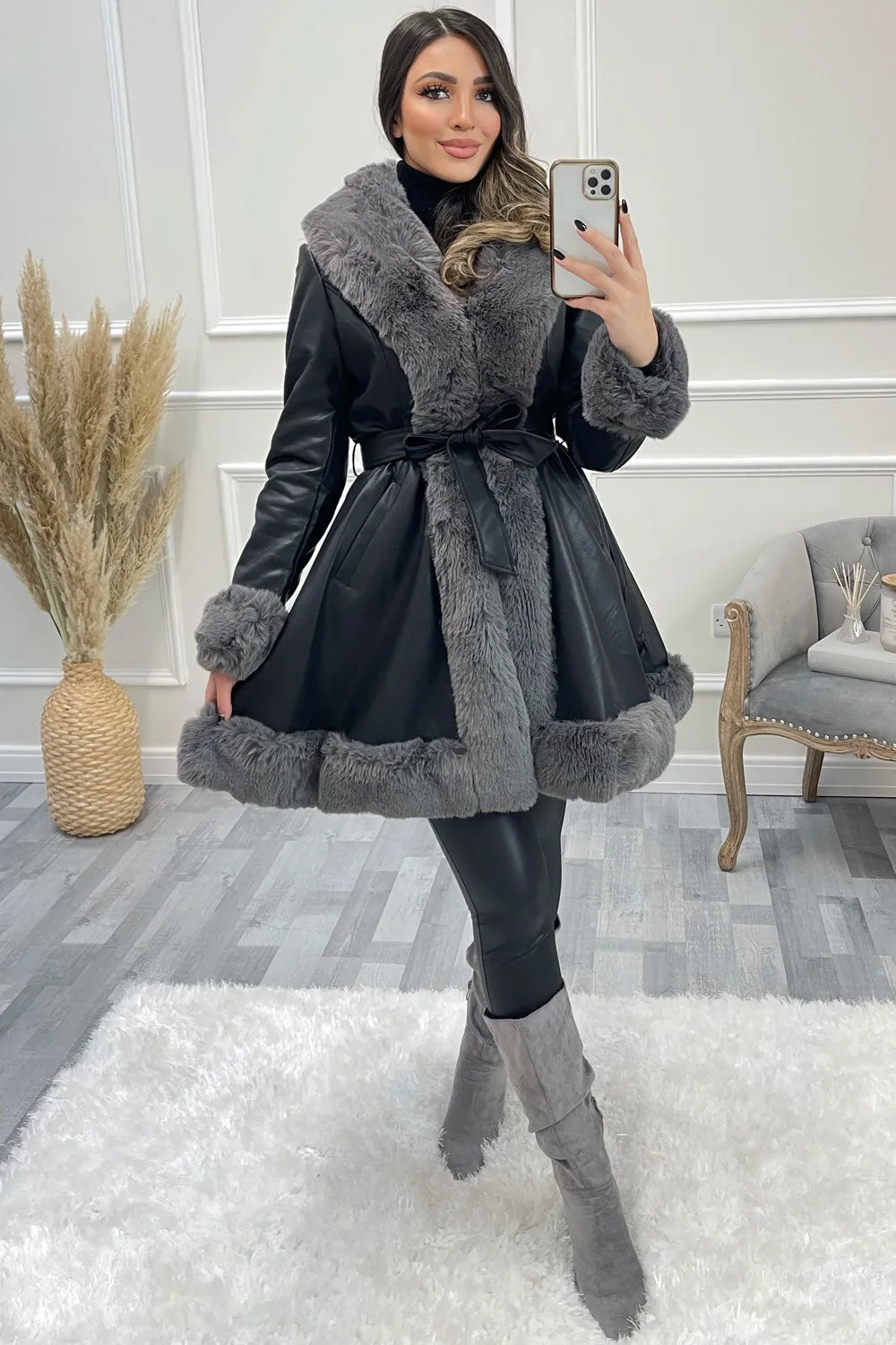 Fran Black and Grey PU Faux Leather Faux Fur Trim Longline Belted Coat
