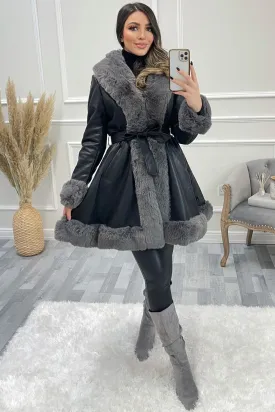Fran Black and Grey PU Faux Leather Faux Fur Trim Longline Belted Coat