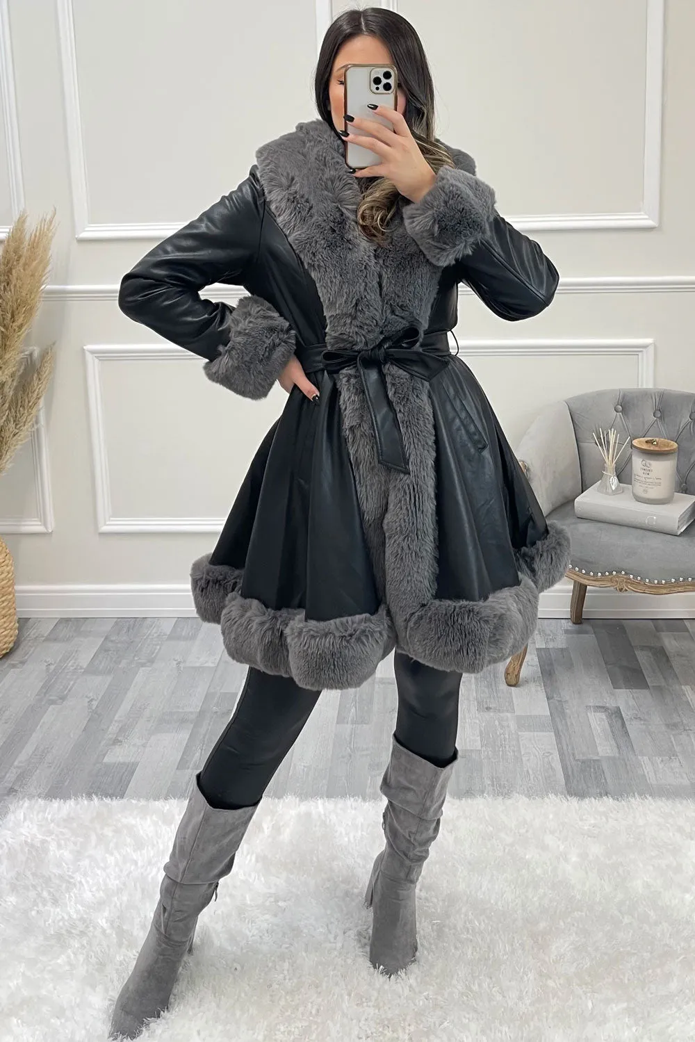 Fran Black and Grey PU Faux Leather Faux Fur Trim Longline Belted Coat