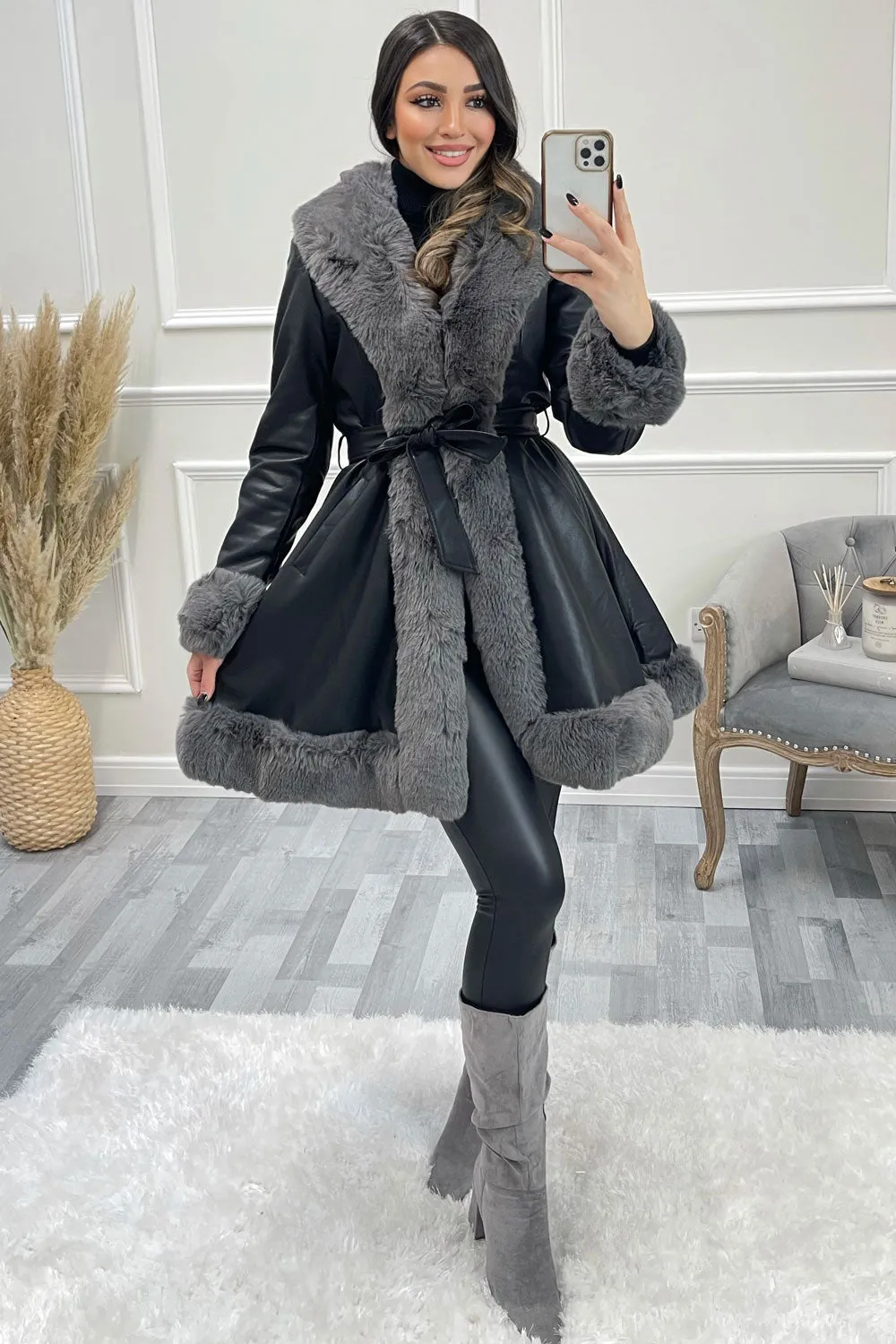 Fran Black and Grey PU Faux Leather Faux Fur Trim Longline Belted Coat
