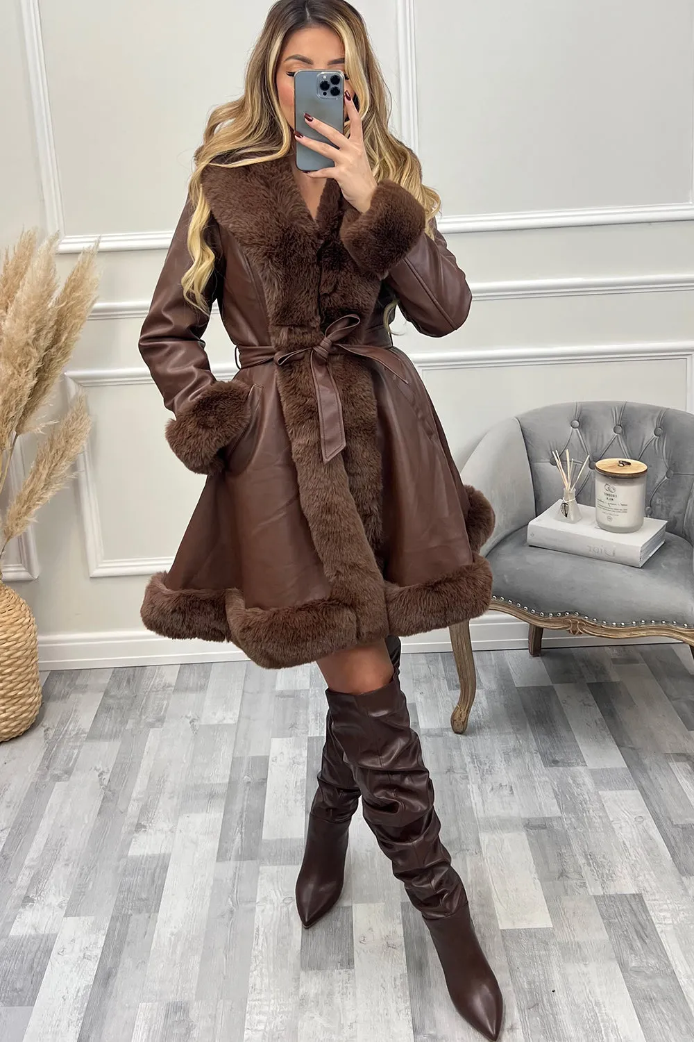Fran Brown PU Faux Leather Faux Fur Trim Longline Belted Coat