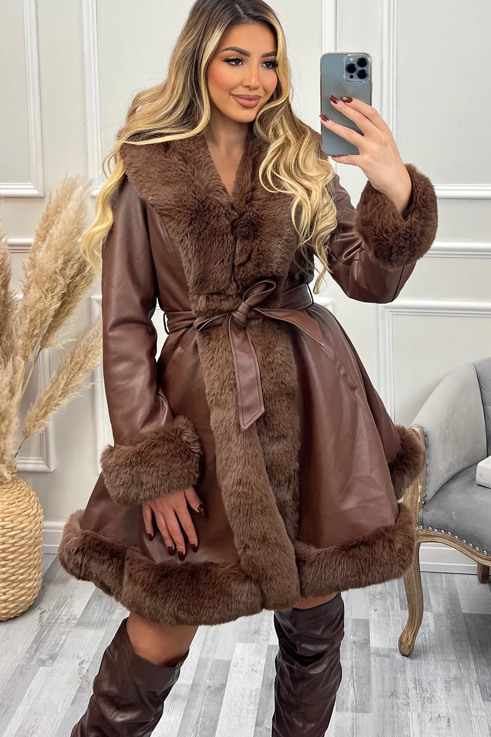 Fran Brown PU Faux Leather Faux Fur Trim Longline Belted Coat