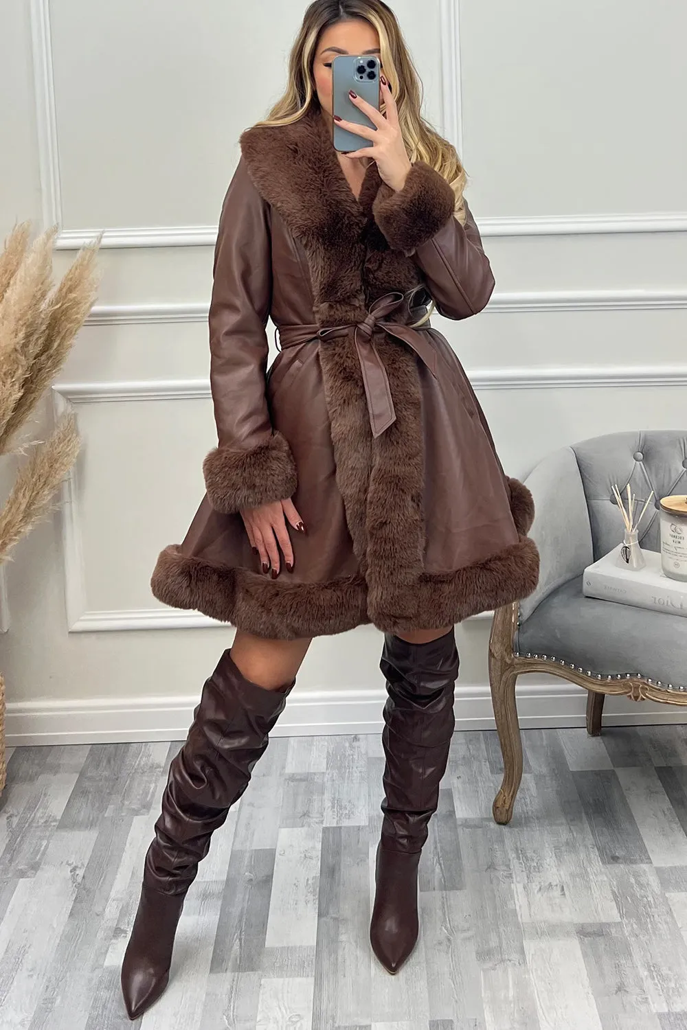 Fran Brown PU Faux Leather Faux Fur Trim Longline Belted Coat