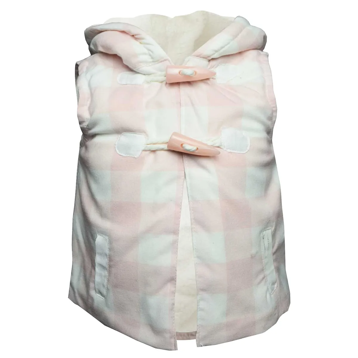Girls Hooded Gilet | Pink and White Check | Faux Fur Lining | 9-24 Months