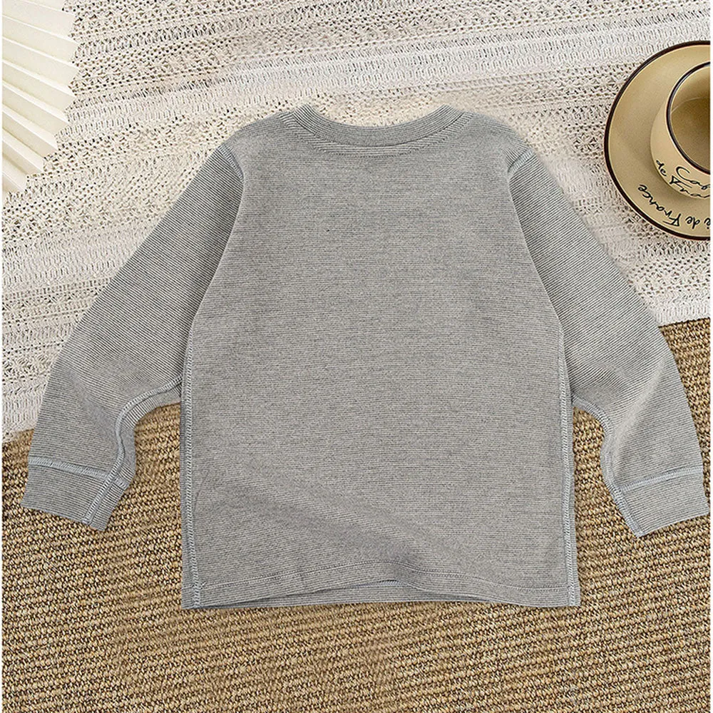 Little Surprise Box , Stripes Grey Round Neck Upper & Lower Body Thermal Winter Warmers For Kids-Set Of 2 Pcs