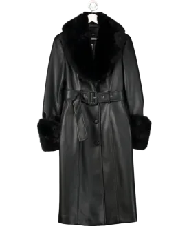MANGO Black Leather-effect Coat With Fur-effect Trim UK S