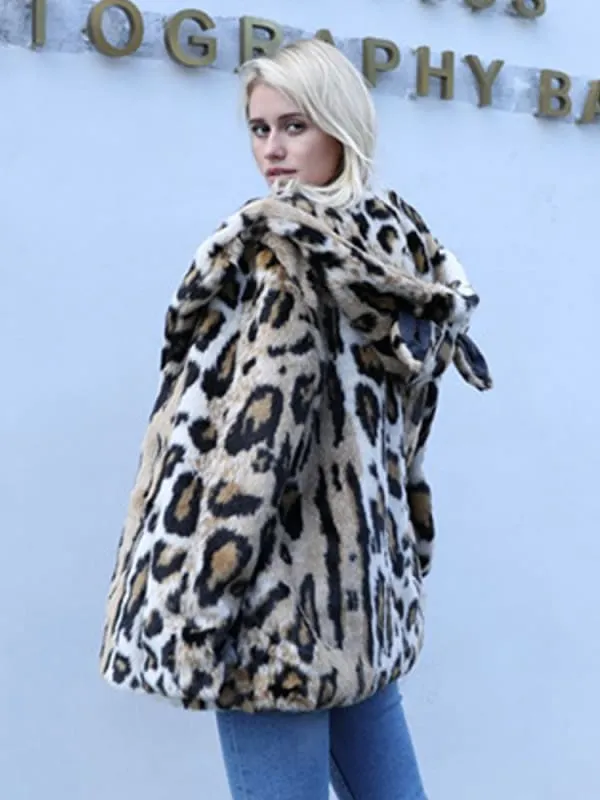 New Faux Fur Coats For Women Long Sleeves Casual Leopard Print Oversized Hooded Leopard Winter Coat
