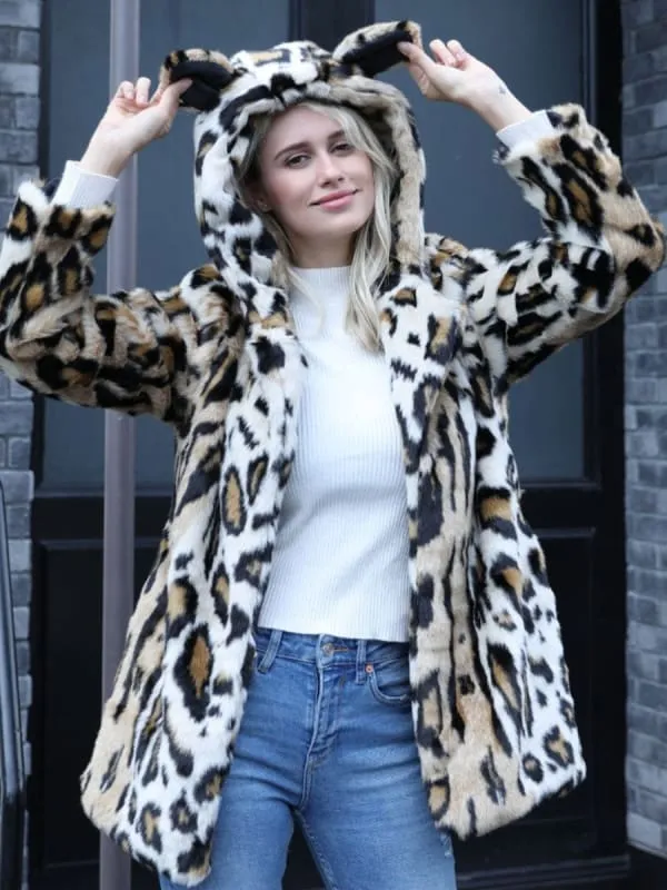 New Faux Fur Coats For Women Long Sleeves Casual Leopard Print Oversized Hooded Leopard Winter Coat