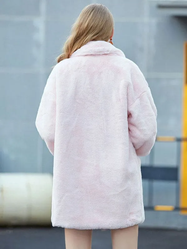 New Faux Fur Coats For Women Long Sleeves Casual Oversized Turndown Collar White Winter Coat