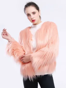 New Faux Fur Coats For Women Long Sleeves Casual Stretch Jewel Neck Pink Short Winter Coat