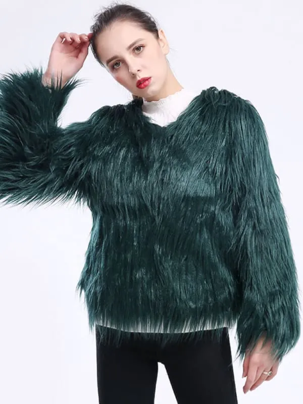 New Faux Fur Coats For Women Long Sleeves Casual Stretch Jewel Neck Pink Short Winter Coat