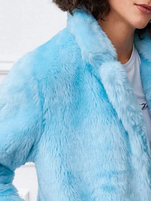 New Faux Fur Coats For Women Long Sleeves Casual Stretch Turndown Collar Light Sky Blue Short Coat