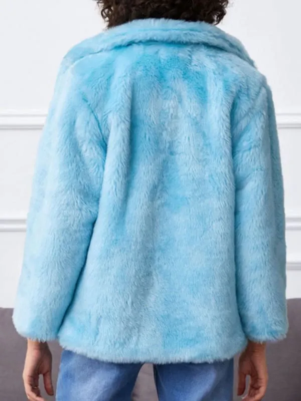 New Faux Fur Coats For Women Long Sleeves Casual Stretch Turndown Collar Light Sky Blue Short Coat