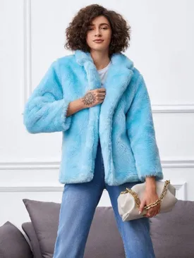 New Faux Fur Coats For Women Long Sleeves Casual Stretch Turndown Collar Light Sky Blue Short Coat