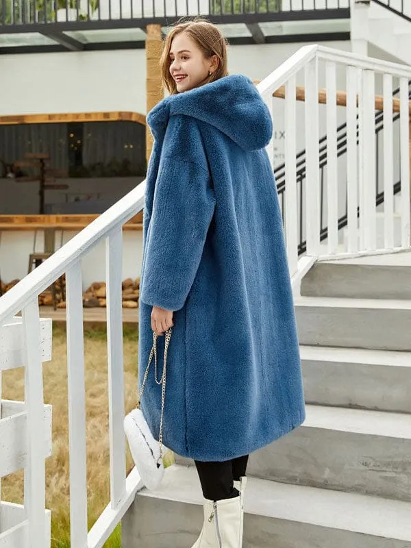 New Faux Fur Coats For Women Long Sleeves Casual Stretch Turndown Collar Orange Yellow Long Coat
