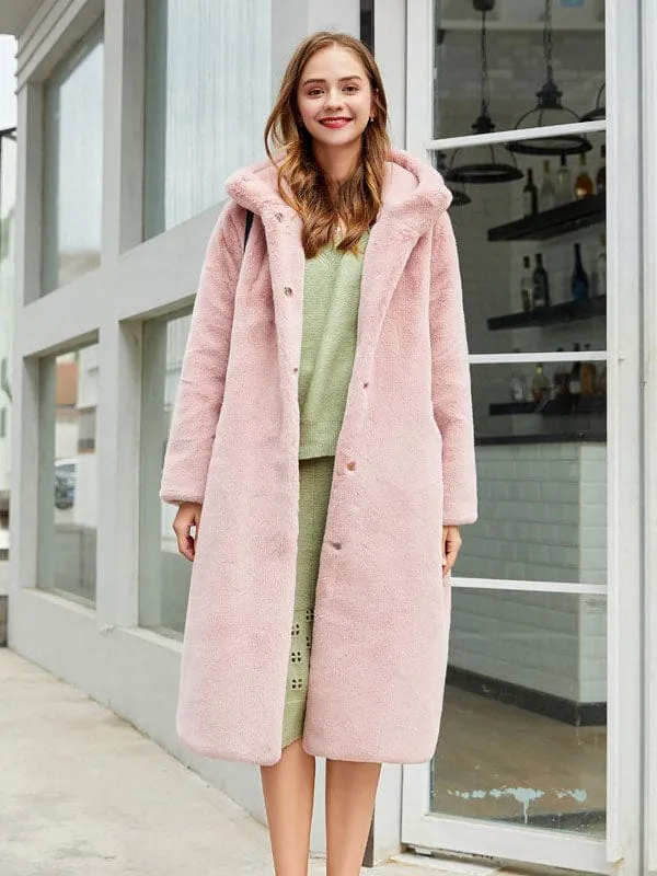 New Faux Fur Coats For Women Long Sleeves Casual Stretch Turndown Collar Orange Yellow Long Coat