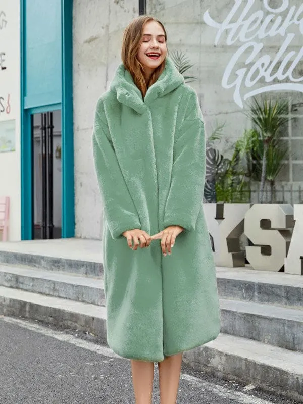 New Faux Fur Coats For Women Long Sleeves Casual Stretch Turndown Collar Orange Yellow Long Coat