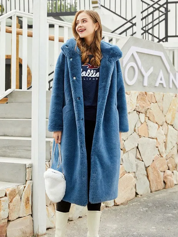 New Faux Fur Coats For Women Long Sleeves Casual Stretch Turndown Collar Orange Yellow Long Coat
