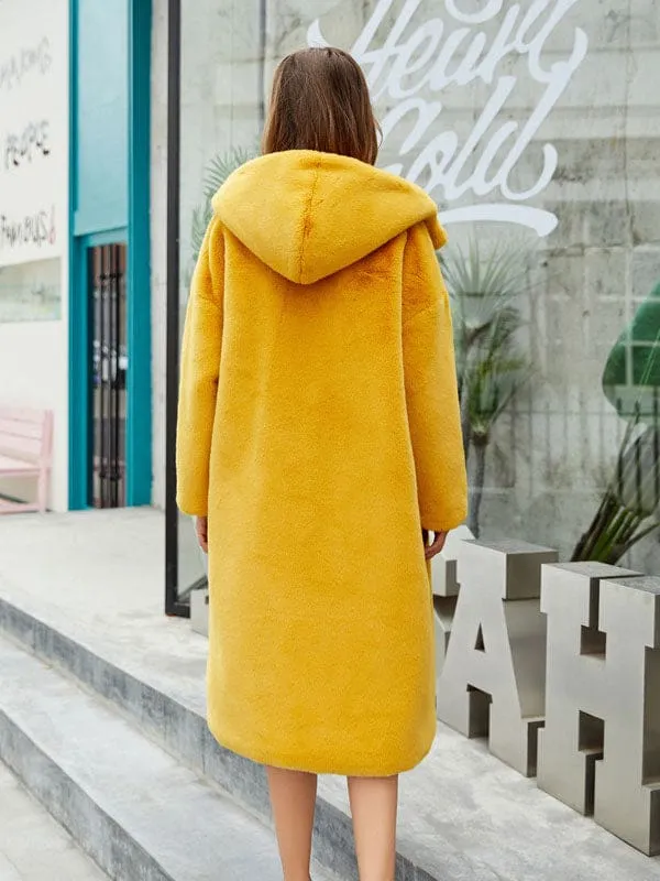 New Faux Fur Coats For Women Long Sleeves Casual Stretch Turndown Collar Orange Yellow Long Coat
