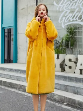 New Faux Fur Coats For Women Long Sleeves Casual Stretch Turndown Collar Orange Yellow Long Coat