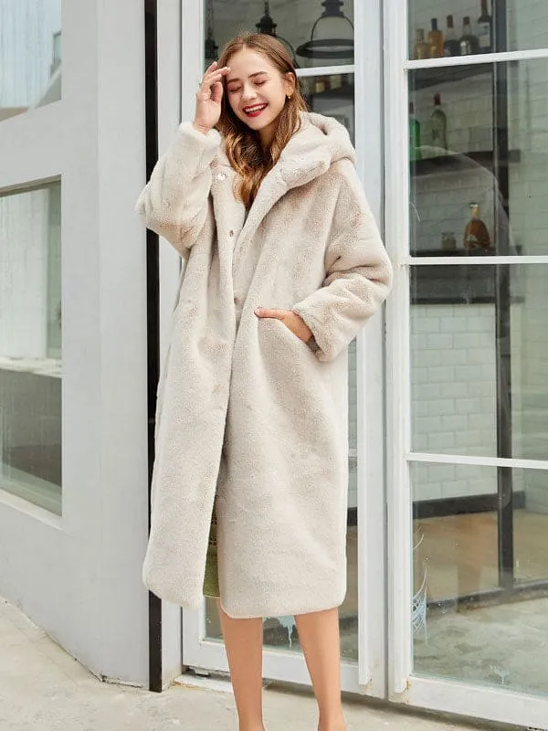 New Faux Fur Coats For Women Long Sleeves Casual Stretch Turndown Collar Orange Yellow Long Coat