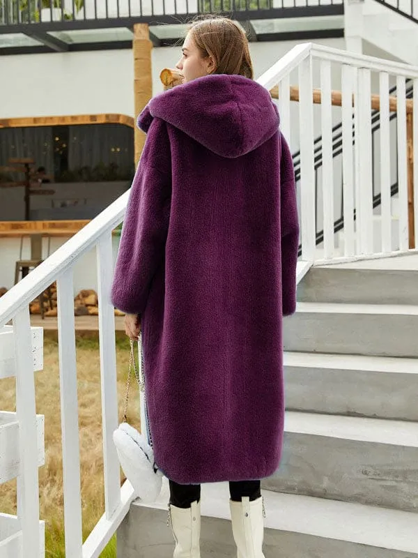 New Faux Fur Coats For Women Long Sleeves Casual Stretch Turndown Collar Orange Yellow Long Coat