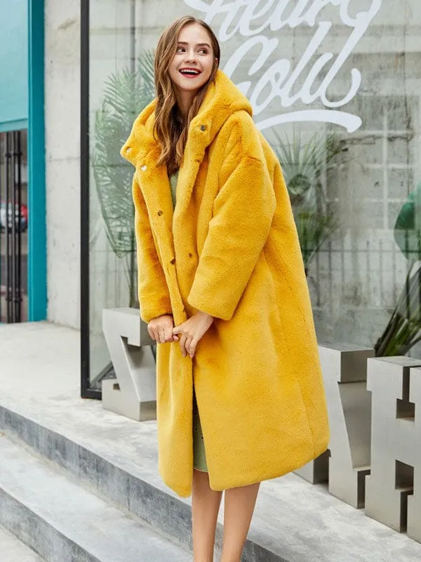 New Faux Fur Coats For Women Long Sleeves Casual Stretch Turndown Collar Orange Yellow Long Coat