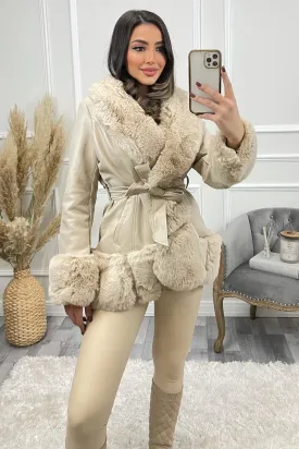 Ora Beige PU Faux Leather Faux Fur Curved Hem Belted Coat