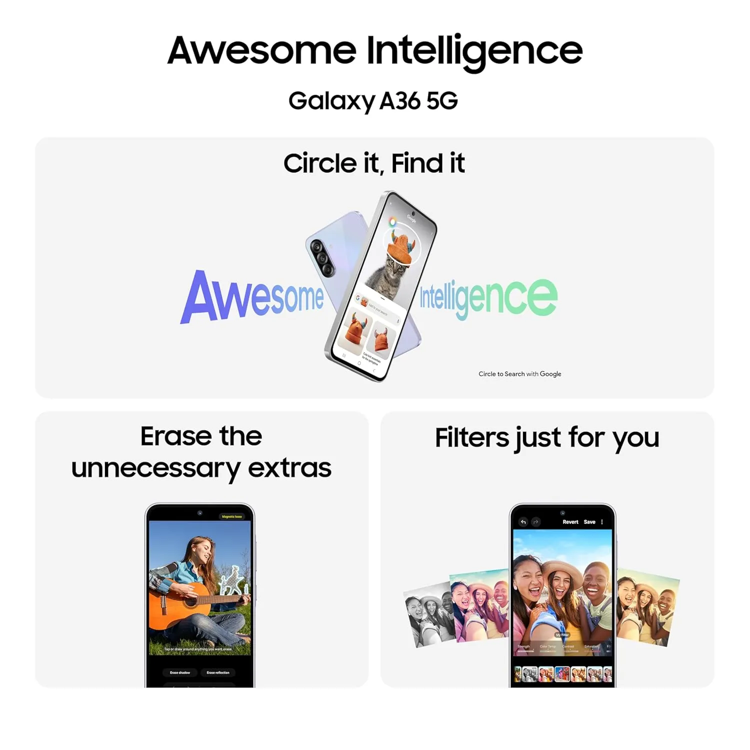Samsung Galaxy A36 5G (Awesome White, 8GB, 256GB) | Awesome Intelligence: Circle to Search, Intelligent Editing | Awesome 4nm Snapdragon Processor | Flagship Grade Selfie Camera