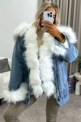 Stacy Blue Denim White Faux Fur Trim Longline Jacket