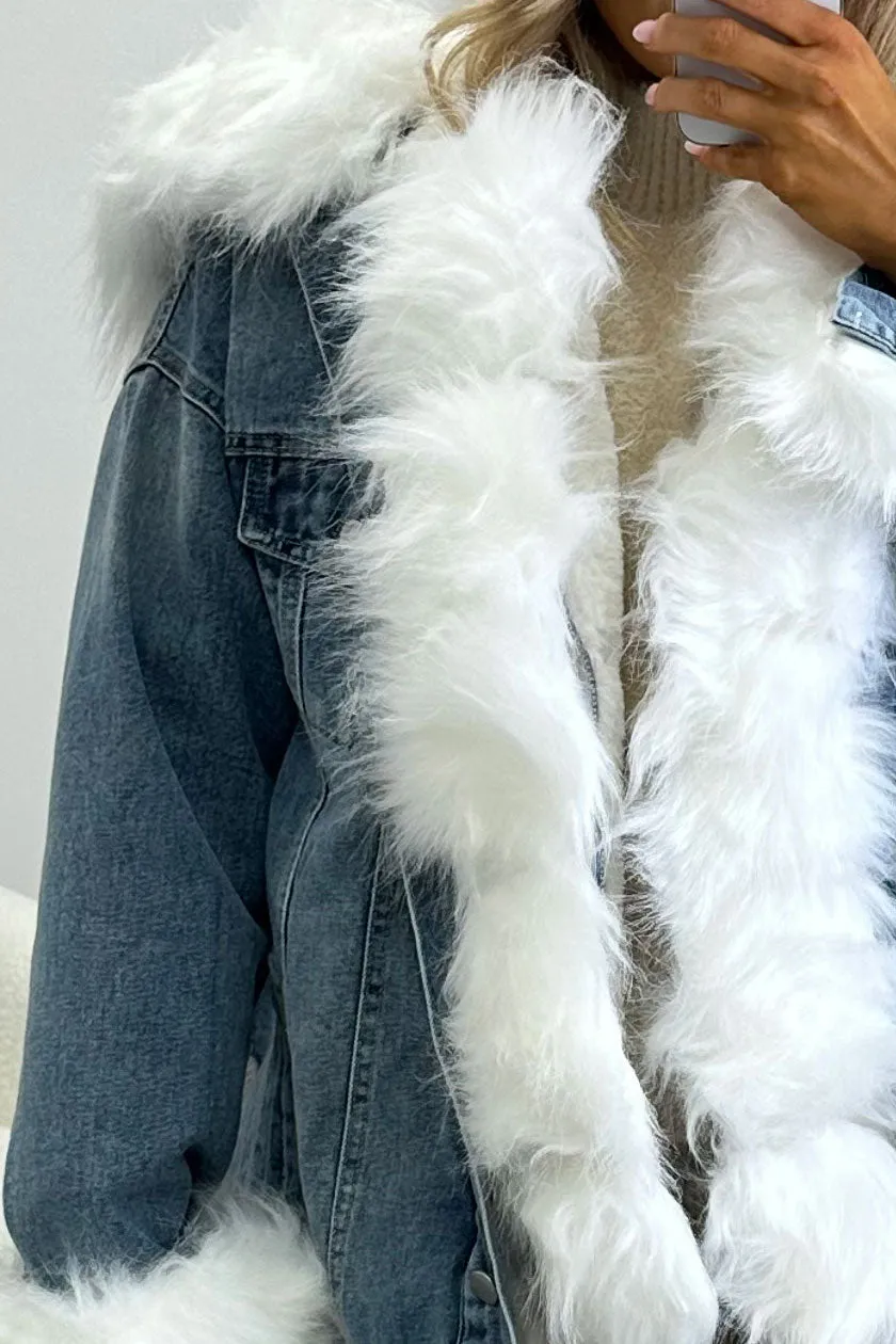 Stacy Blue Denim White Faux Fur Trim Longline Jacket