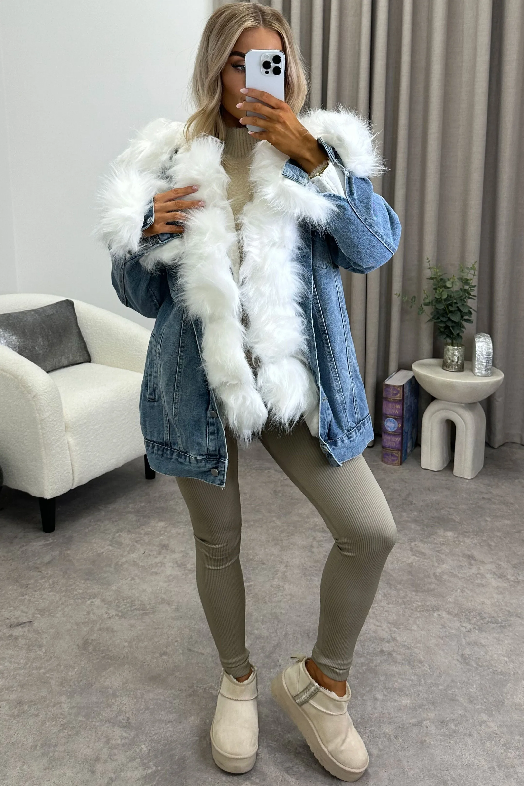 Stacy Blue Denim White Faux Fur Trim Longline Jacket