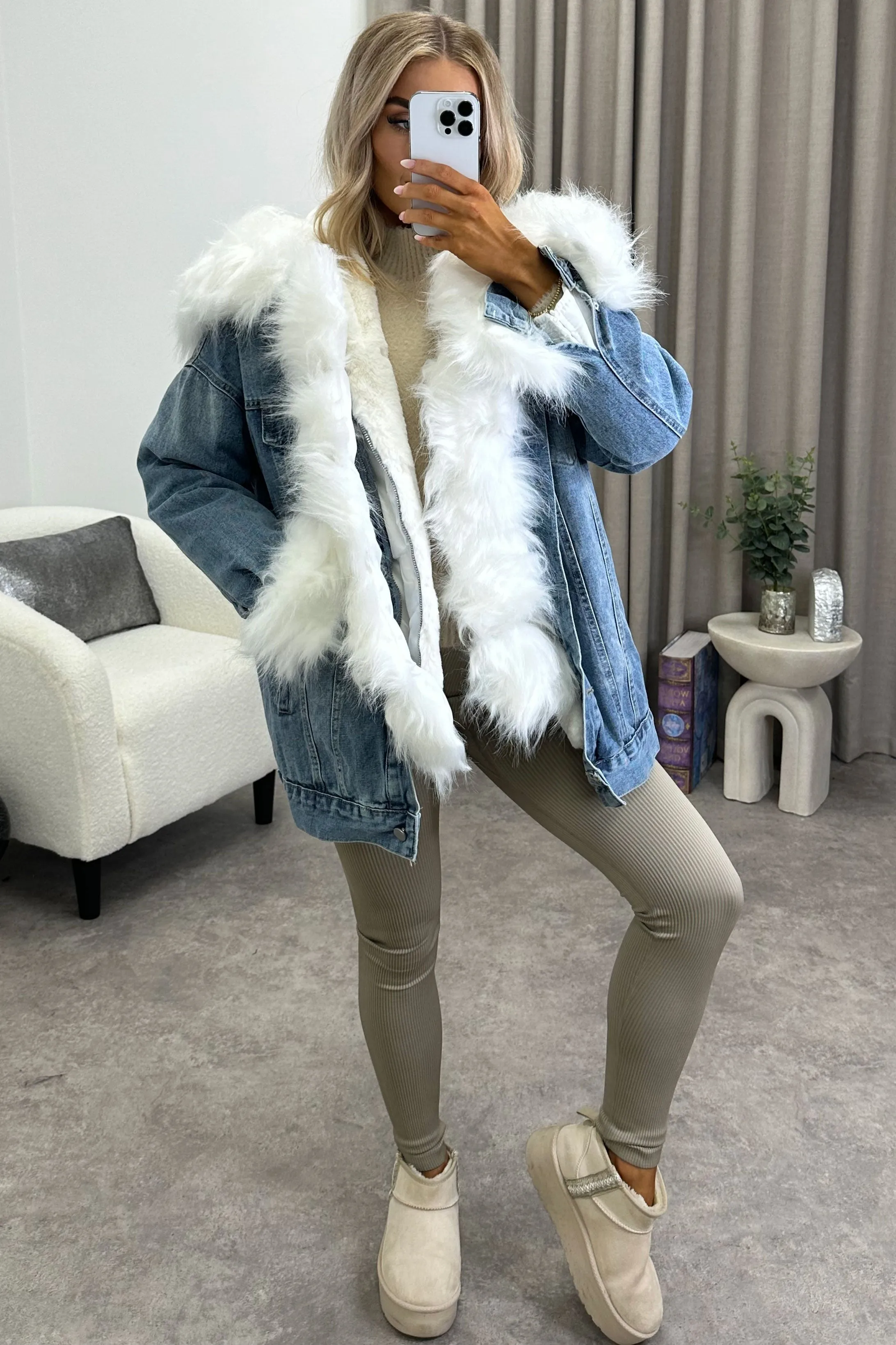 Stacy Blue Denim White Faux Fur Trim Longline Jacket