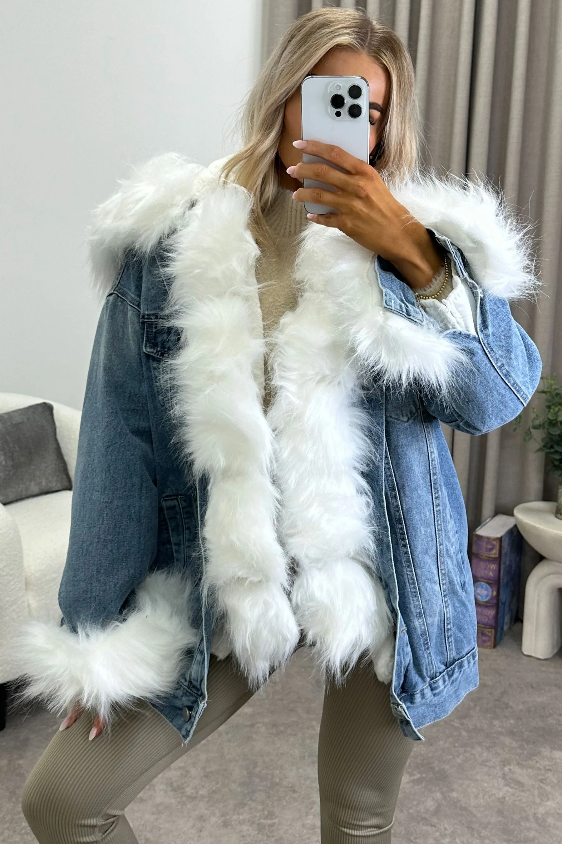 Stacy Blue Denim White Faux Fur Trim Longline Jacket