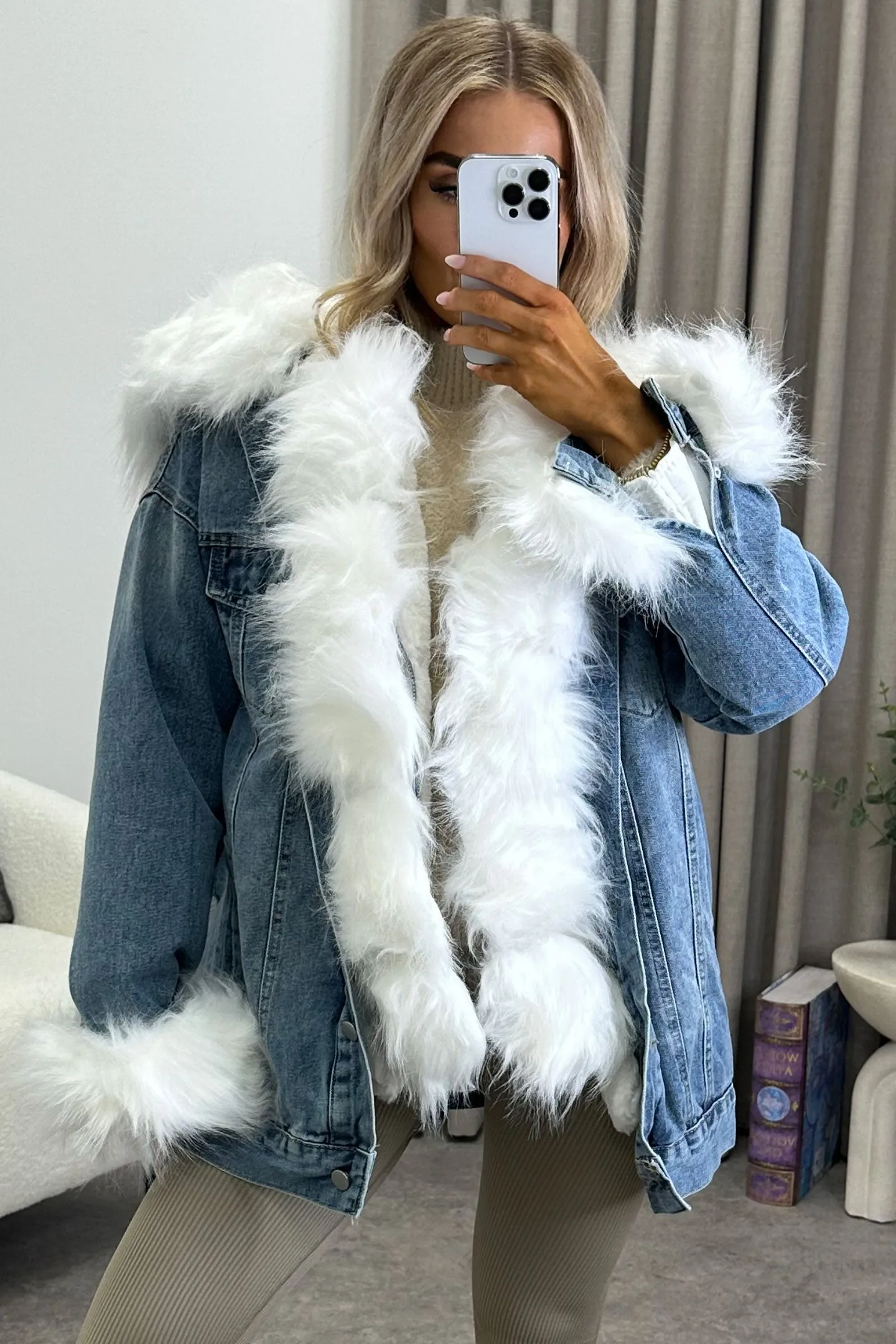 Stacy Blue Denim White Faux Fur Trim Longline Jacket
