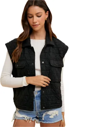 TEEK - Black Texture Quilted Snap Down Vest Coat