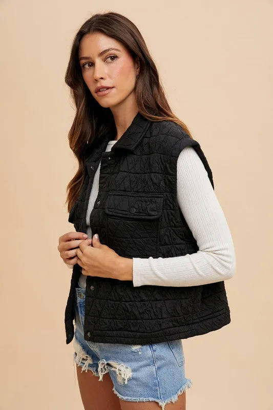 TEEK - Black Texture Quilted Snap Down Vest Coat
