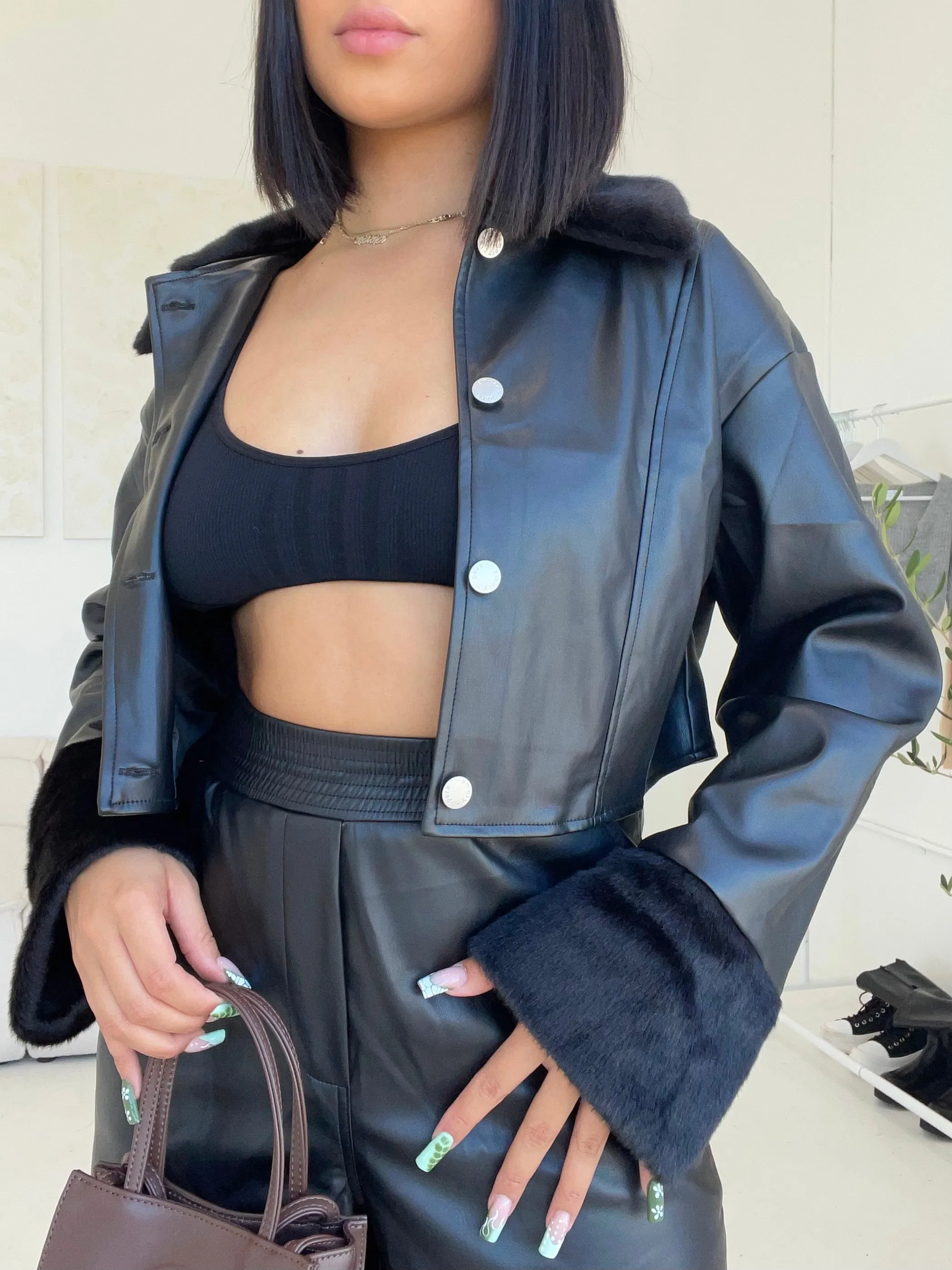 trina faux fur/leather jacket (BLACK)