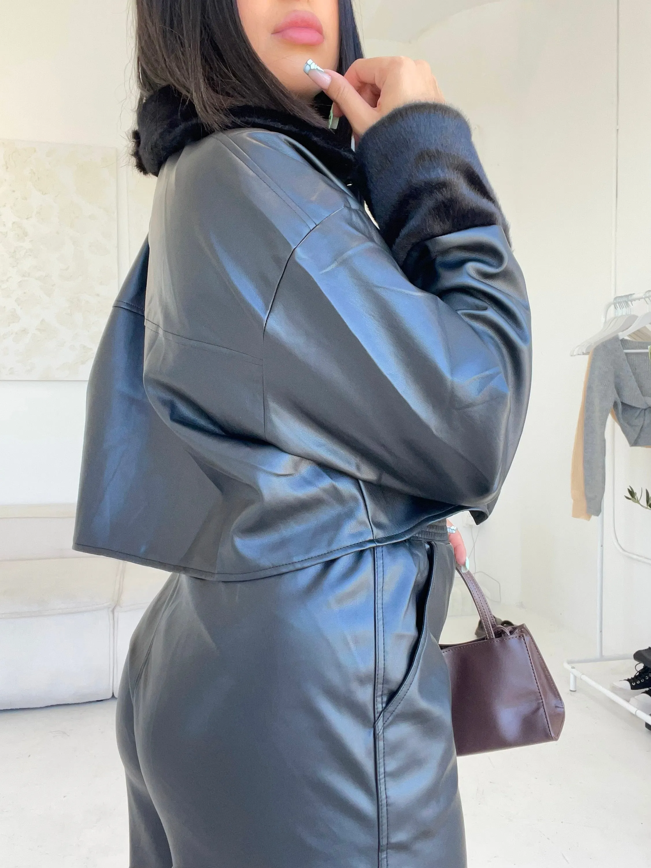 trina faux fur/leather jacket (BLACK)