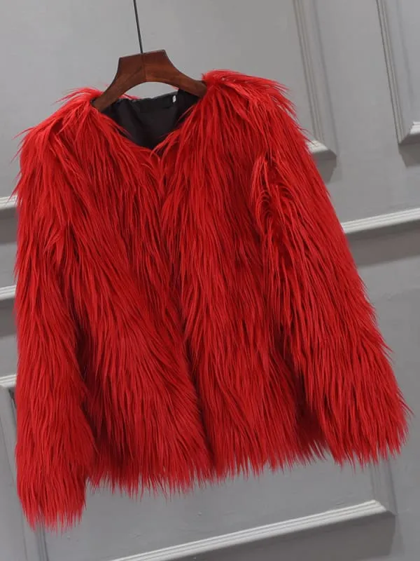 Women Shaggy Faux Fur Coat Solid Color Long Sleeve Short Jacket